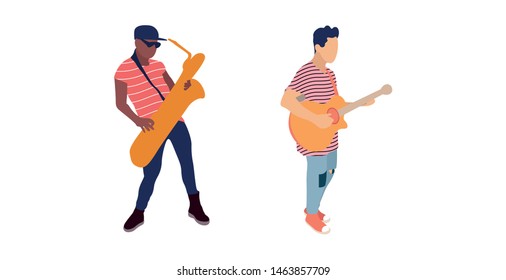 Saxophone and guitar player. Isolated flat illustration set - Vector