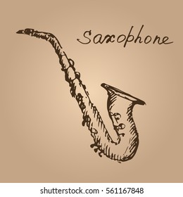 Saxophone. Hand drawn musical instrument. Sketch. Vector illustration.