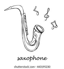 Saxophone. Hand drawn vector stock illustration. Black and white whiteboard drawing.