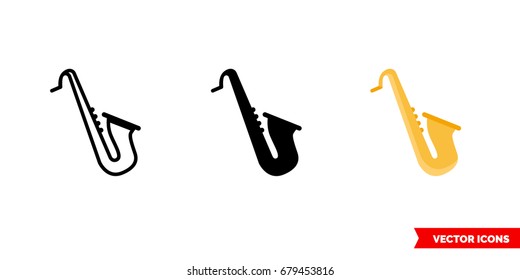 Saxophone icon of 3 types: color, black and white, outline. Isolated vector sign symbol.