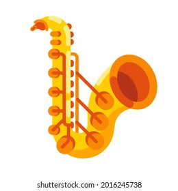 Saxophone icon in flat design. Brass trumpet in cartoon style. Musical tube jazz instrument.