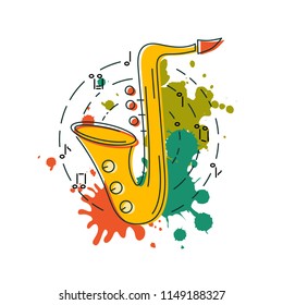 Saxophone icon isolated on background with painting splashes. Vector illustration