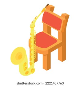 Saxophone icon isometric vector. Wind musical instrument near wooden chair icon. Music and art concept