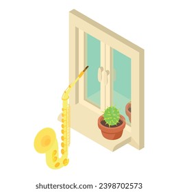 Saxophone icon isometric vector. Wind musical instrument near window with flower. Music concept