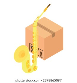 Saxophone icon isometric vector. Wind musical instrument near closed parcel box. Сargo transportation and delivery concept