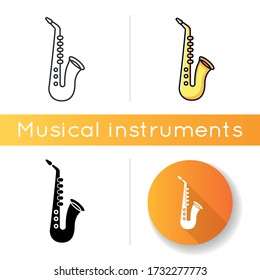 Saxophone icon. Musical instrument to play blues. Jazz band live performance. Music festival concert and entertainment. Linear black and RGB color styles. Isolated vector illustrations