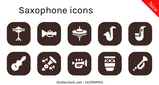 saxophone icon set. 10 filled saxophone icons.  Simple modern icons about  - Cymbals, Trumpet, Saxophone, Fiddle, Conga