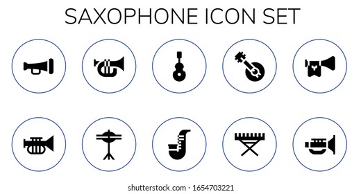 saxophone icon set. 10 filled saxophone icons.  Simple modern icons such as: Trumpet, Cymbals, Instrument, Saxophone, Banjo, Electric piano, Jazz