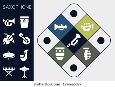  saxophone icon set. 13 filled saxophone icons. Simple modern icons about  - Trumpet, Electric piano, Cymbals, Saxophone, Cello, Banjo, Conga, Tuba
