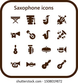 saxophone icon set. 16 filled saxophone icons.  Collection Of - Electric piano, Xylophone, Saxophone, Cello, Trumpet, Banjo, Instrument, Tuba, Cymbals, Jazz, Fiddle, Mandolin icons
