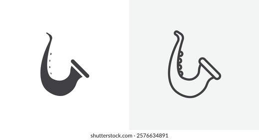 Saxophone icon set in black flat solid and outlined style.