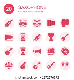 saxophone icon set. Collection of 20 filled saxophone icons included Cello, Drum set, Xylophone, Conga, Timpani, Trumpet, Kettledrum, Banjo, Djembe, Cymbals, Saxophone