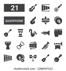 saxophone icon set. Collection of 21 filled saxophone icons included Banjo, Mandolin, Conga, Cymbals, Xylophone, Trumpet, Bands, Kettledrum, Saxophone, Djembe, Cello