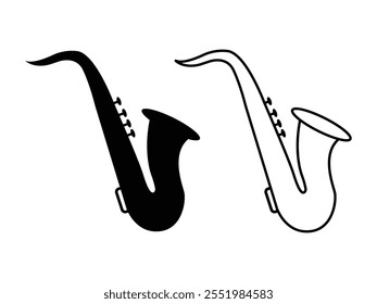 Saxophon-Symbol in ausgefülltem, umrissenem Grafikelement. Jazz Saxophon Symbol Silhouette Vektorgrafik.