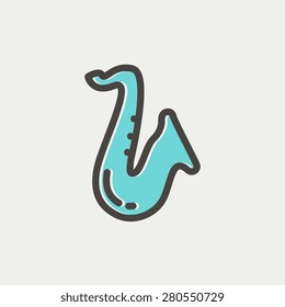 Saxophone icon thin line for web and mobile, modern minimalistic flat design. Vector icon with dark grey outline and offset colour on light grey background.