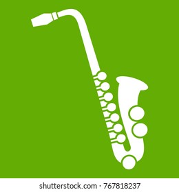 Saxophone icon white isolated on green background. Vector illustration