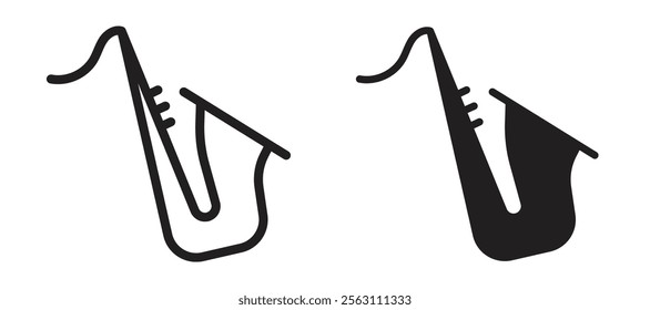 Saxophone icons in black line and filled versions