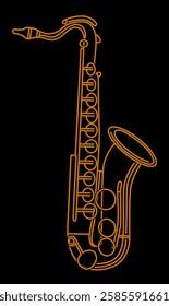 Saxophone illustration features bold design against black background, emphasizing instrument's curves and distinctive shape beautifully. Vector illustration.