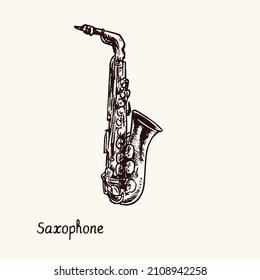 Saxophone. Ink black and white doodle drawing in woodcut style with inscription.