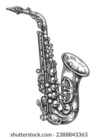 Diseño aislado saxofón. Instrumento musical de jazz, ilustración del vector de esbozo