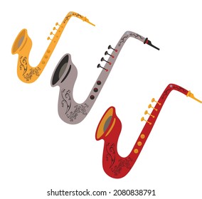 Saxophone isolated vector illustration. colorful saxophone plyer clip art and cartoon. Musical instrument icon with white background.