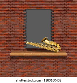 Saxophone, jazz in the failure of the old brick wall. There is an empty space for placing your text or image.