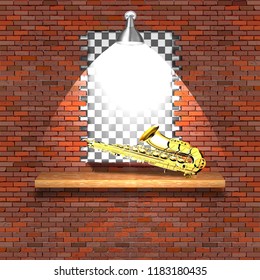Saxophone, jazz in the failure of the old brick wall. There is an empty space for placing your text or image.