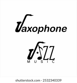 Saxofone e jazz música logotipo texto design. Pode ser usado para elementos gráficos em cartazes, banners em eventos de jazz.