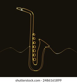 Saxophone. Line art. Glowing gold line. Musical instrument. Isolated on black background. Music concept. Concert and bar. Vector illustration. Party. 