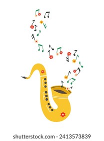 Música en vivo saxofónica lindo ícono vector dibujado a mano. Sax reventó notas musicales elemento de diseño de dibujos animados mínimo. Ilustración alegre del Festival de Música. Primavera, verano, volante de conciertos en vivo, fondo de banderas