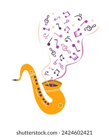 Saxophone Live Music cute hand drawn vector icon. Sax burst out musical notes minimal cartoon design element. Music Festival joyful illustration. Jazz Fest live concert event flyer, banner background