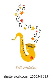 Saxophone Live Music lindo icono de Vector dibujado a mano. Sax reventó notas musicales elemento de diseño de dibujos animados mínimo. Festival de música ilustración alegre. Otoño Otoño temporada concierto en vivo de fondo