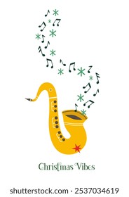 Saxophone Live Music cute hand drawn vector icon. Sax burst out musical notes minimal cartoon design element illustration. Christmas season Holiday joy celebration, live concert performance background