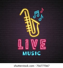 Saxophone Live Music Neon Light Glowing Vector Illustration Design