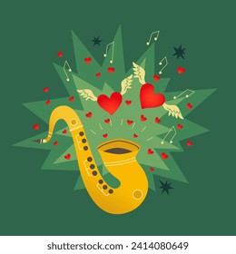 Saxophone Love Music Melody cute hand drawn vector poster. Sax burst out hearts, heart with wing, musical note joyful cartoon design. Weddings, Valentines Day Love music concert event flyer background