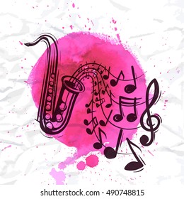 Saxophone music concept. Sketch style vector illustration on watercolor magenta background.
