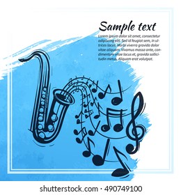 Saxophone music concept. Sketch style vector illustration on watercolor blue background.
