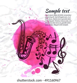 Saxophone music concept. Sketch style vector illustration on watercolor magenta background.