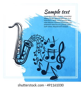 Saxophone music concept. Sketch style vector illustration on watercolor blue background.