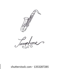 Saxophone Music Instrument Outline Simple Shape Vector Logo Silhouette Isolated Illustration. Brass Music Equipment Drawing With Calligraphy Letters Text Tittle Saxophone. Black Object Sketch Drawing.