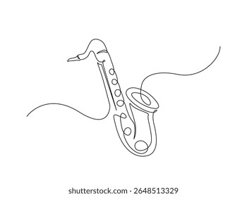Instrumento de música saxofônica em um único esboço ilustração. Desenho em linha contínua de saxofone.