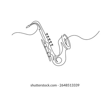 Instrumento de música saxofônica em um único esboço ilustração. Desenho em linha contínua de saxofone.