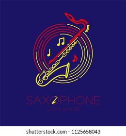 Saxophone, music note with line staff circle shape logo icon outline stroke set dash line design illustration isolated on dark blue background with saxophone text and copy space