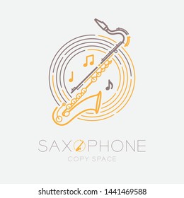 Saxophone, music note with line staff circle shape logo icon outline stroke set dash line design illustration isolated on grey background with saxophone text and copy space