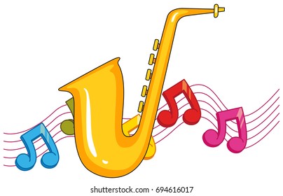Saxofón con notas musicales en ilustración de fondo