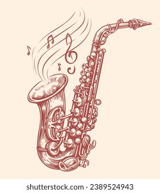 Saxofón con notas musicales saliendo. Instrumento musical de jazz, ilustración vectorial