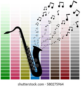 Saxophone with music notes and equalizer background.Concept of recreation,Relaxation,Inspiration. Vector illustration.