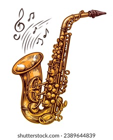 Saxophone with music notes isolated on white background. Wind jazz musical instrument. Vector illustration