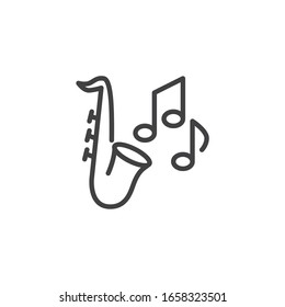 Saxophone and music notes line icon. linear style sign for mobile concept and web design. Jazz music melody outline vector icon. Symbol, logo illustration. Vector graphics