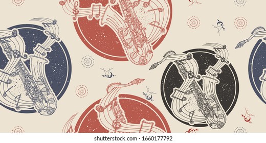 Saxophone and music notes. Seamless pattern. Packing old paper, scrapbooking style. Vintage background. Medieval manuscript, engraving art. Jazz music concept 